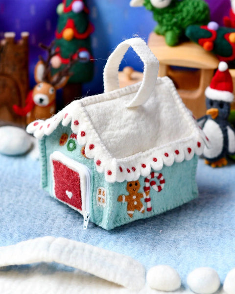 Felt Blue Gingerbread House Bag  粉藍色薑餅人糖果屋小袋子