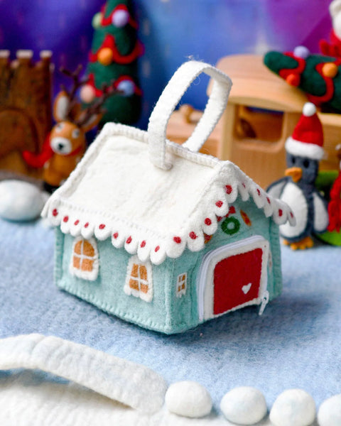 Felt Blue Gingerbread House Bag  粉藍色薑餅人糖果屋小袋子