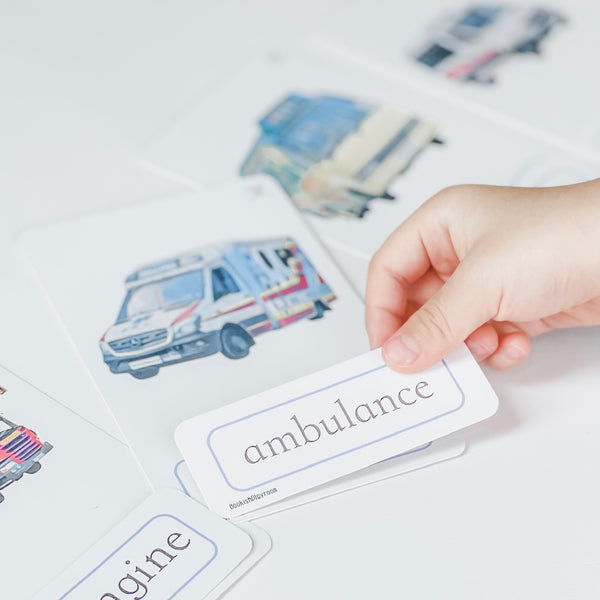 Three Part Cards (Set of Transportation)  蒙特梭利學習三段卡 (圖像卡+認字卡)交通工具系列