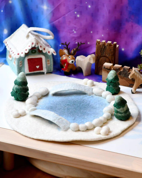 Felt Round Snow Ice Rink Play Mat Playscape 雪地溜冰場圓形場景遊戲墊